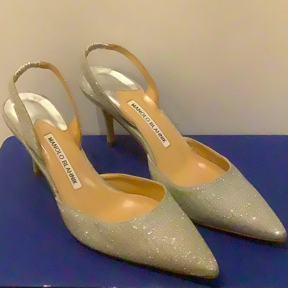 Manolo Blahnik Carolyne Silver Glitter Slingbacks